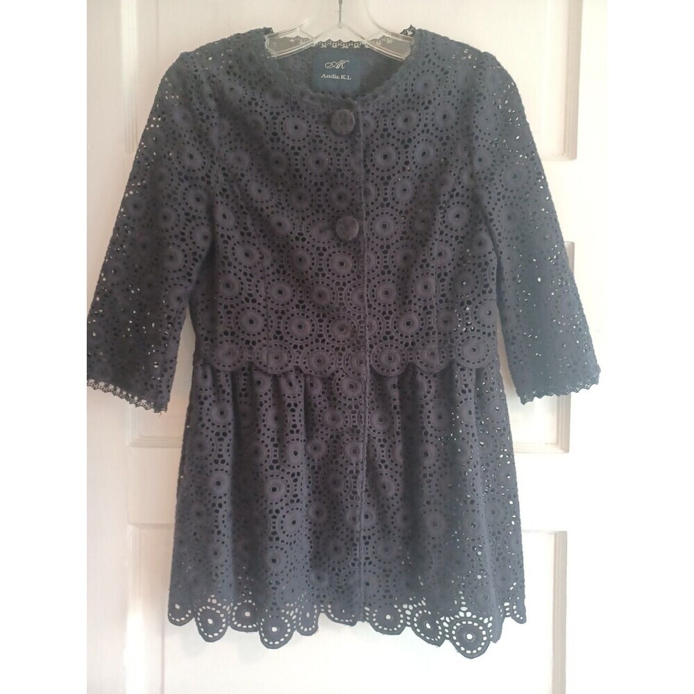 Navy eyelet lace fitted jacket XS unlined button/snap preppy classic party caree